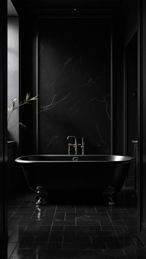 A vintage black bathtub in a dark bathroom setting with marble walls and elegant fixtures.
