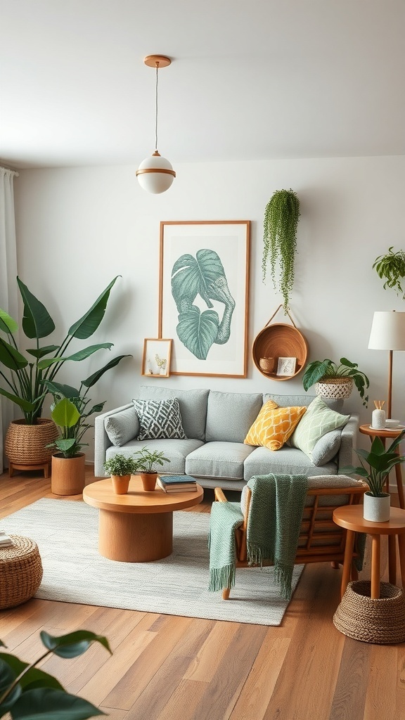 A cozy living room featuring an olive green sofa, wooden furniture, and various plants.