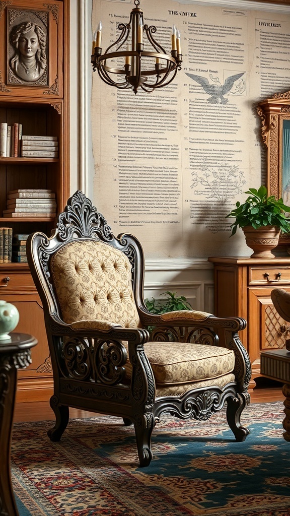A vintage armchair with intricate details and a plush seat, surrounded by warm wooden furniture.