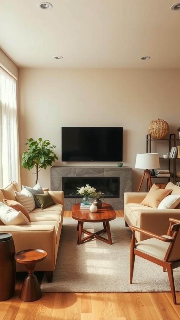 A cozy living room featuring warm colors, comfortable seating, and natural elements.