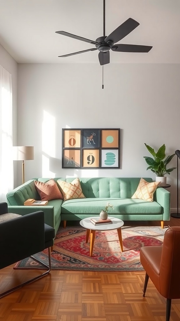 A cozy living room featuring a retro green couch, patterned rug, and stylish decor.