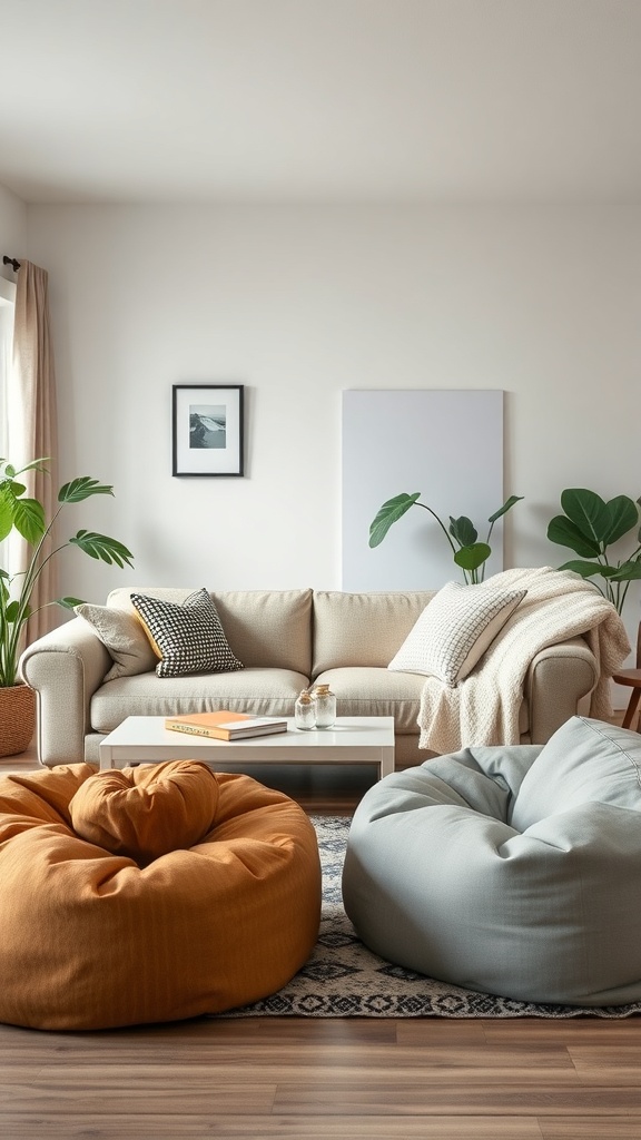 A cozy living room with a beige sofa, orange and gray bean bags, and houseplants.