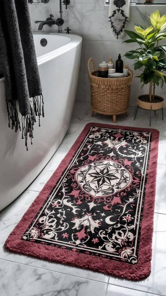 Gothic style bath mat with intricate design in a bathroom setting