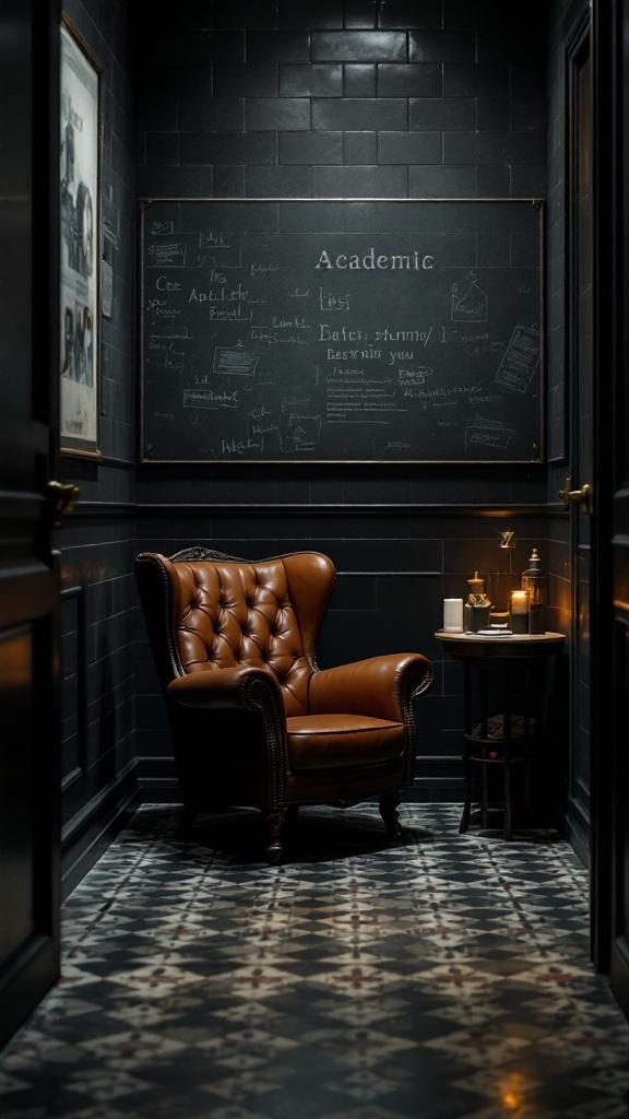 A leather armchair in a dimly lit hallway with a chalkboard and decorative items.