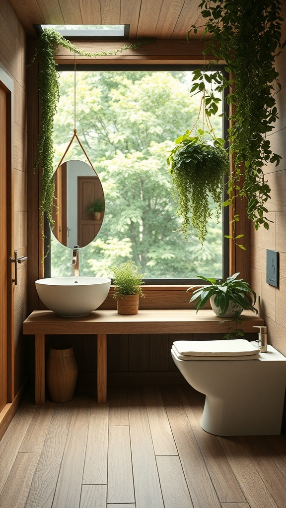 A modern bathroom with wooden accents, plants, and natural light.