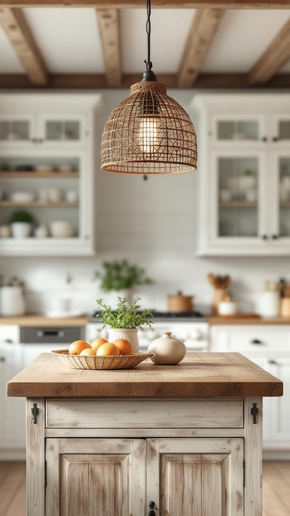 A cottage-style woven light fixture hanging above a kitchen island with a wooden countertop and a basket of oranges.