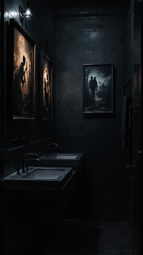A dimly lit bathroom featuring dark, moody artwork on the walls.