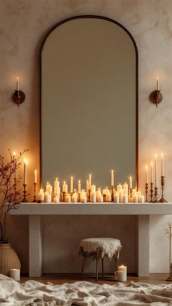 A living room altar wall with candles and a large mirror, creating a warm and inviting atmosphere.