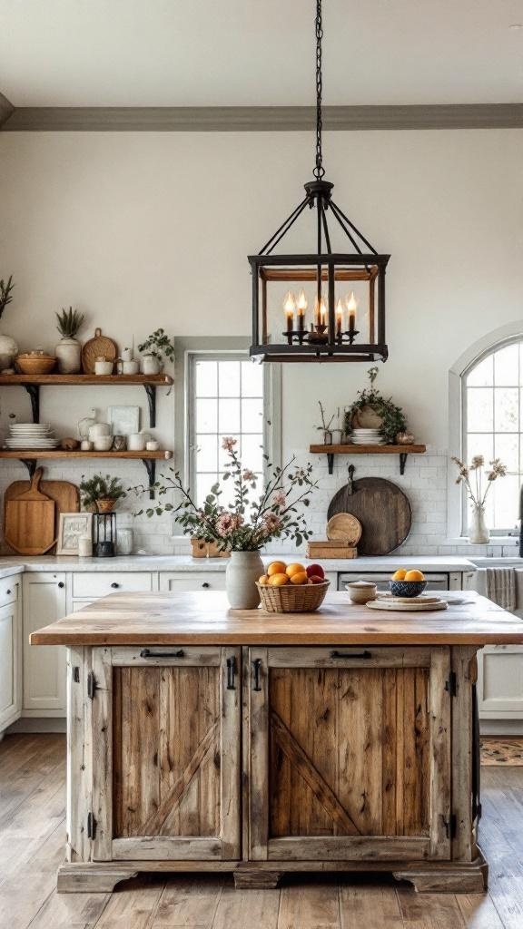 Rustic iron and wood chandelier hanging above a kitchen island