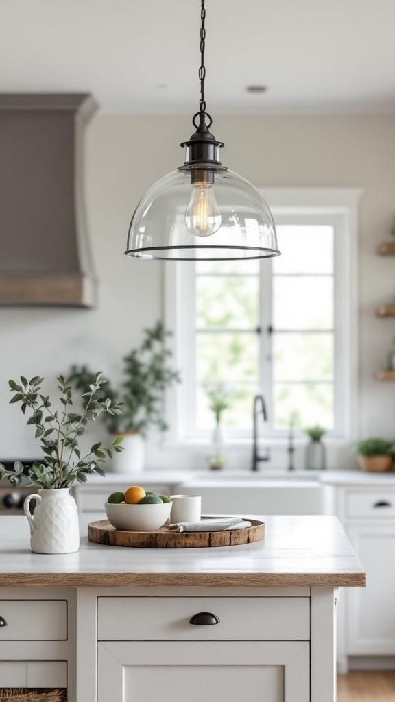 A modern farmhouse kitchen featuring a glass dome pendant light above a kitchen island with a wooden tray and fresh fruit.