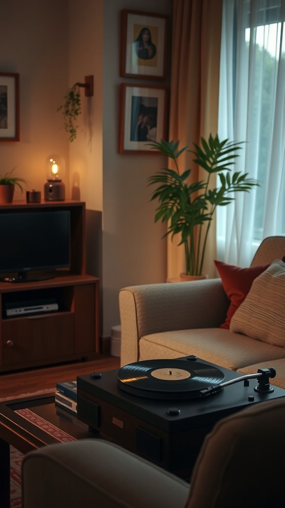 A cozy living room with a record player, soft lighting, and plants.