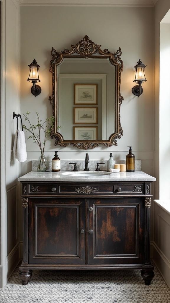 Dark wood vanity with antique fixtures and a marble countertop.