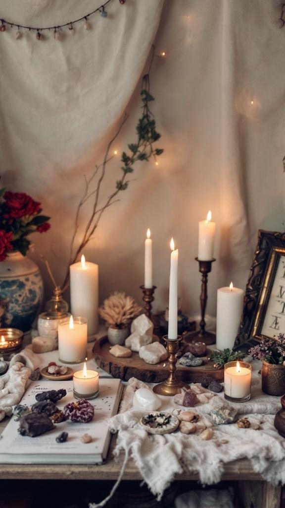 A cozy altar space with candles, crystals, and decorative elements.