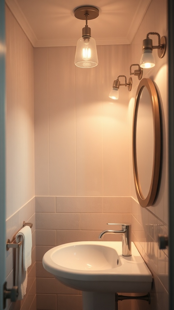 Cozy bathroom lighting with a mix of warm and soft lights.