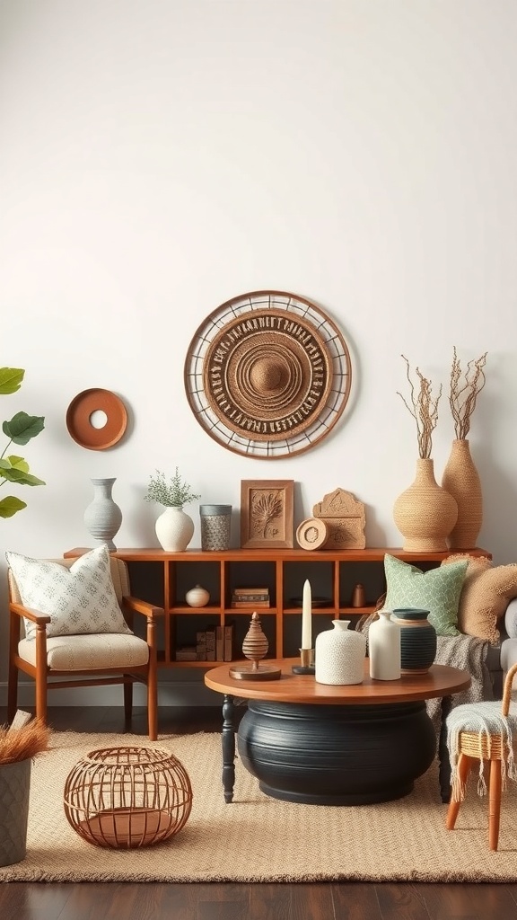 Cozy living room with artisan crafts and decor, featuring handmade pottery and woven baskets.