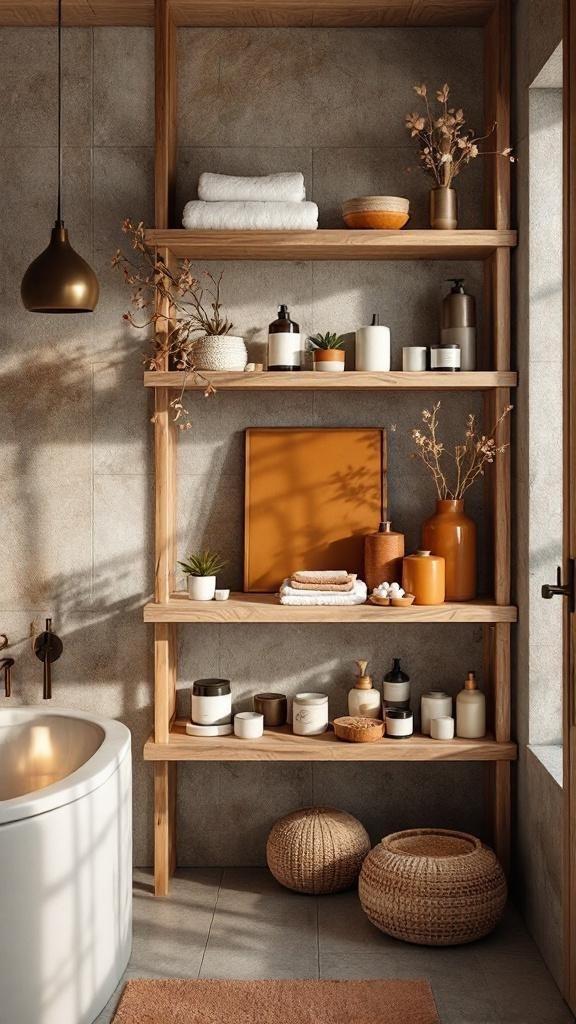 Natural wood shelving in a spa-inspired bathroom with decorative items and towels.