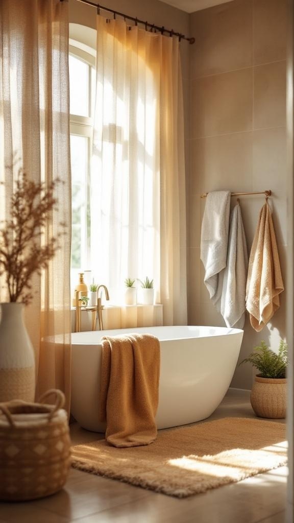 A cozy bathroom featuring warm earth-tone textiles, including towels and a plush rug.