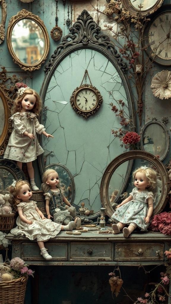 A vintage display featuring dolls and broken mirrors in a charming arrangement.
