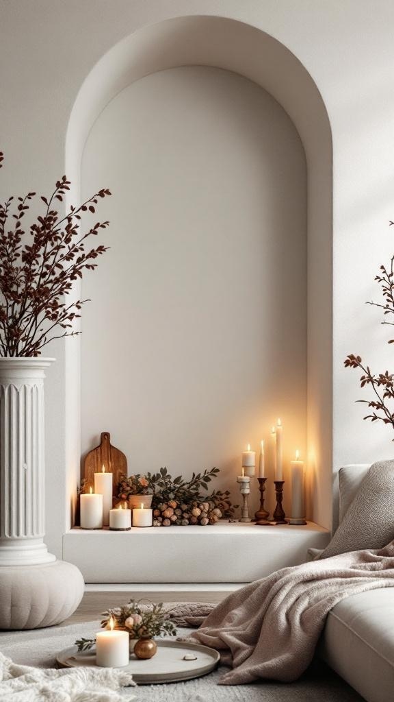 A serene living room altar wall featuring candles and decorative elements.