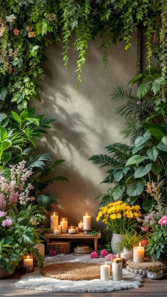 A living room altar wall featuring numerous candles surrounded by vibrant greenery and flowers.