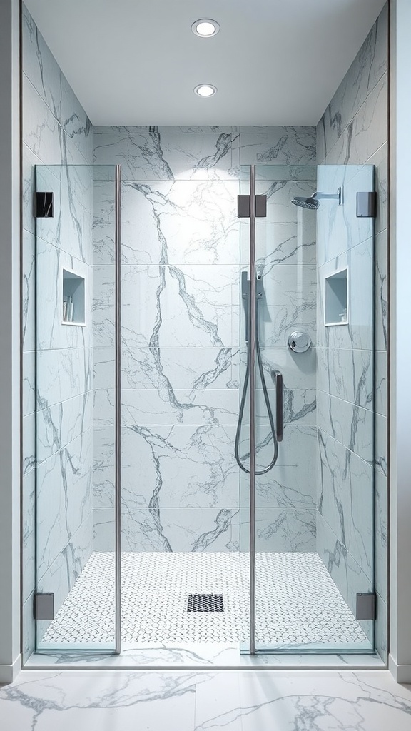 Modern walk-in shower with marble tiles and glass doors.