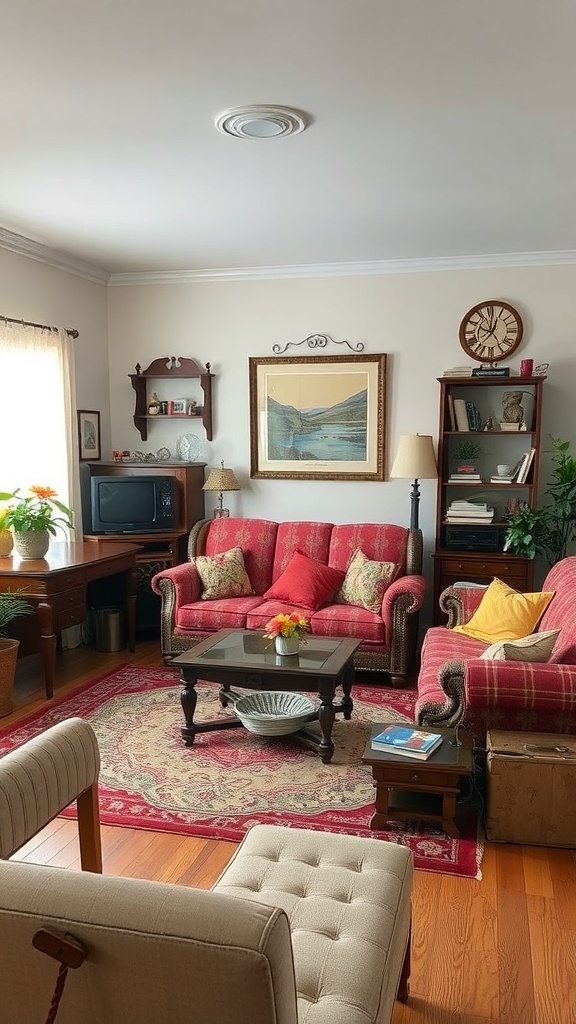 A cozy living room featuring vintage furniture and decor.