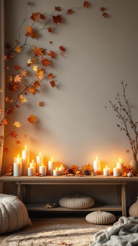 A cozy living room altar wall decorated with candles and autumn leaves.