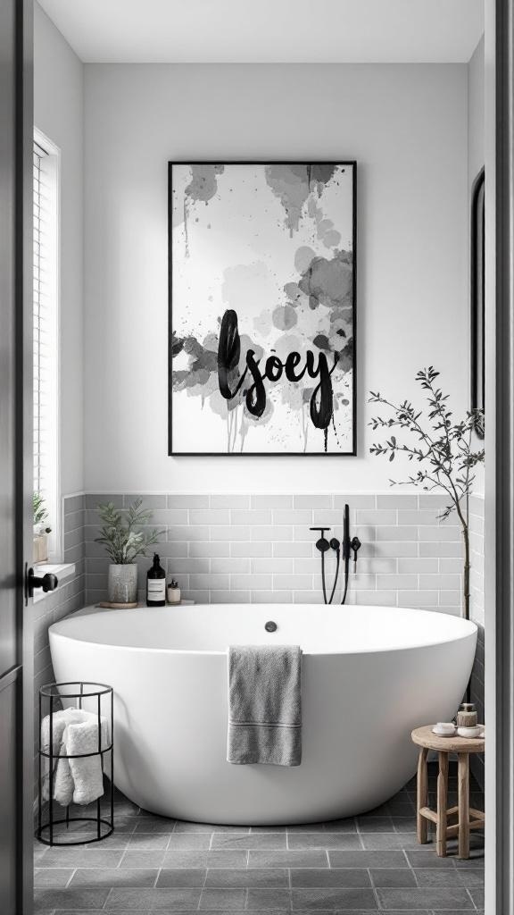 Stylish grey and white bathroom featuring a large wall art piece with abstract design and bold lettering.