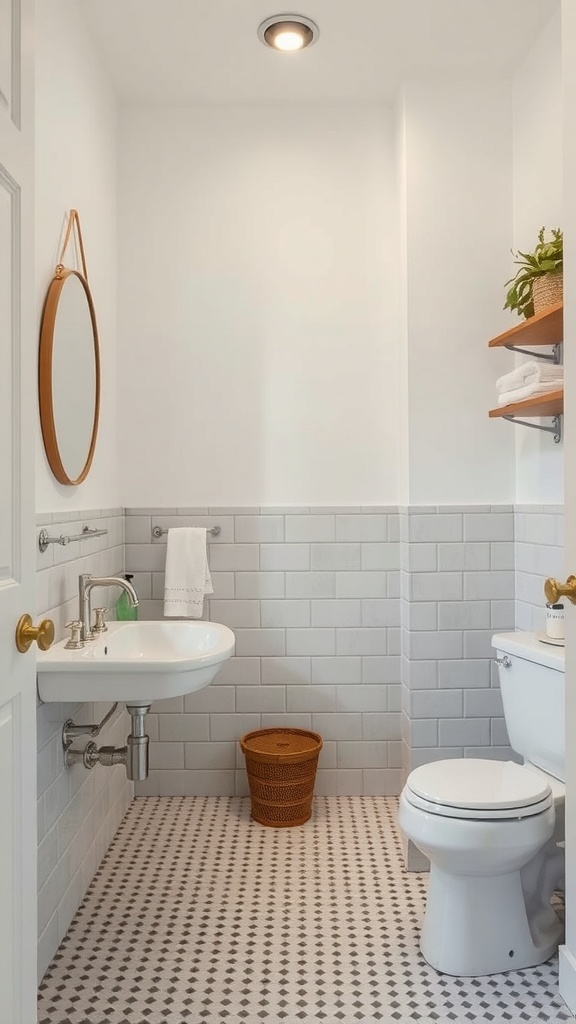 A modern bathroom featuring vintage tiles and fixtures.