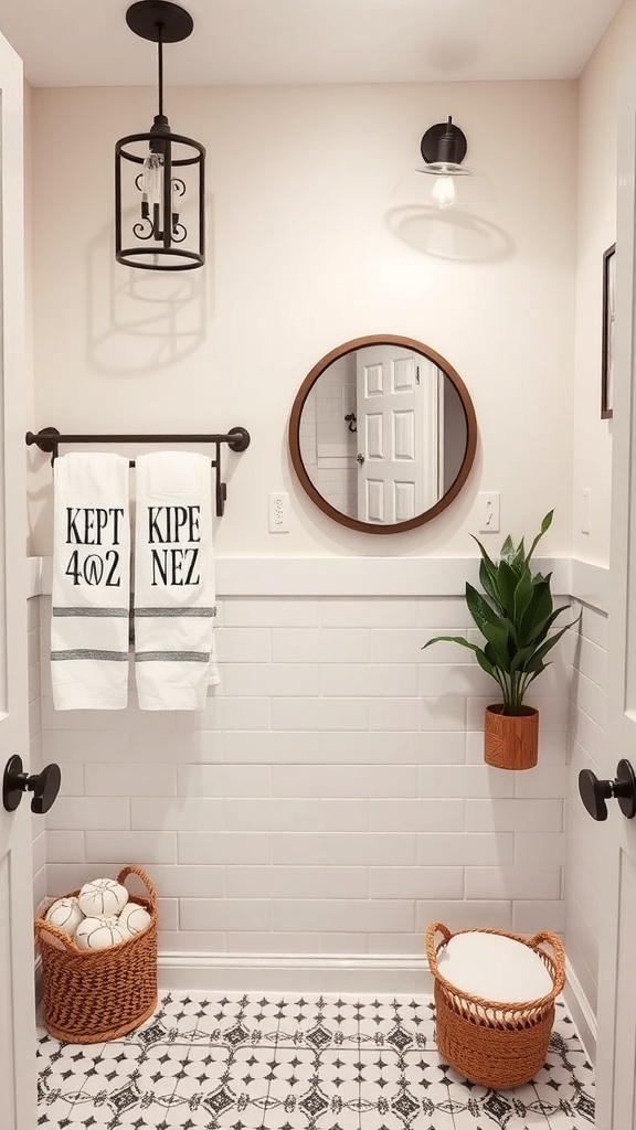 Modern bathroom with personalized decor including towels, plants, and stylish lighting.