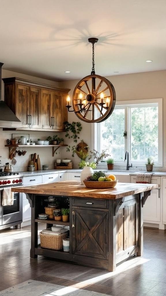 A rustic farmhouse kitchen featuring a wagon wheel chandelier above a wooden island.