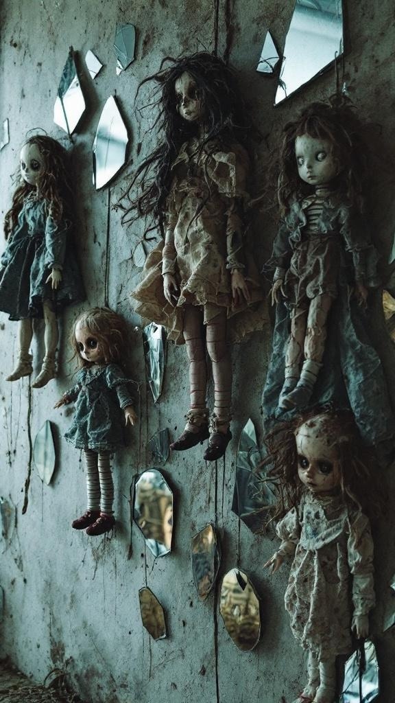 A collection of creepy dolls hanging on a wall with broken mirrors.