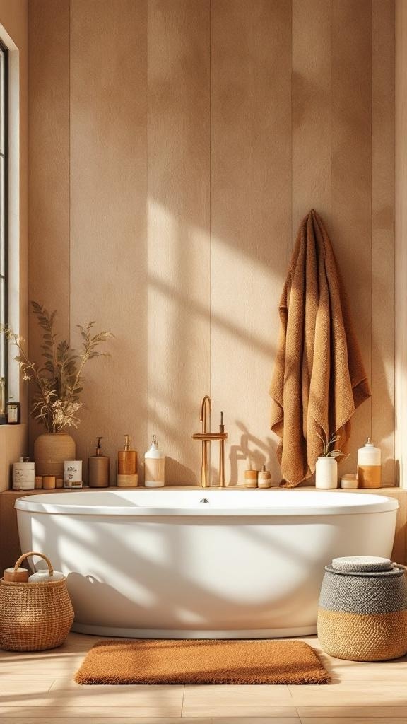 A spa-inspired bathroom with warm brown accents in towels, baskets, and decor.