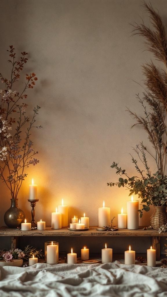 A cozy living room altar with multiple candles and decorative plants.