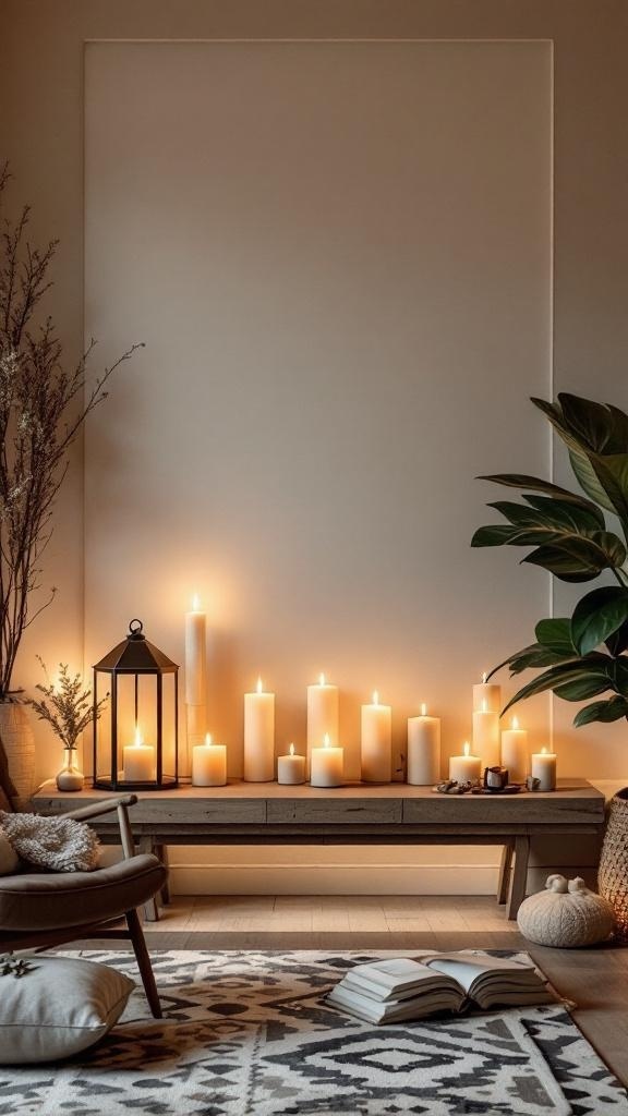 A living room altar wall featuring multiple candles and a lantern, creating a warm atmosphere.