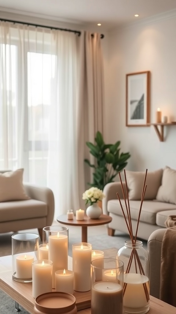 A cozy living room with candles and diffusers creating a warm atmosphere.