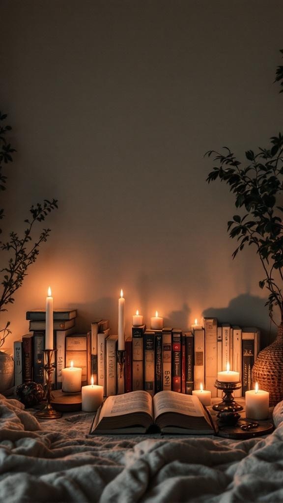 A warm candle and book display with various candles and stacked books.