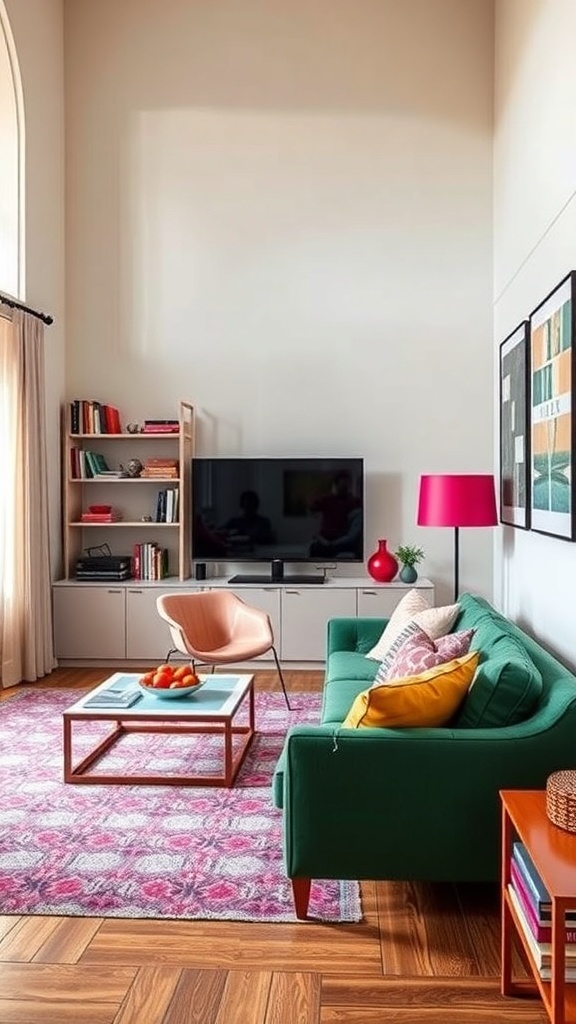 A stylish living room featuring an olive green sofa, bright pink lamp, and colorful accents.
