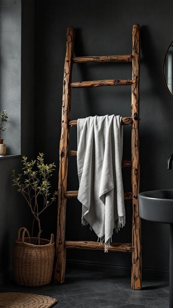 A rustic wooden ladder displaying a gray towel in a dark bathroom setting.