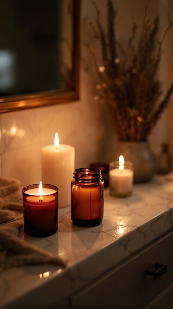 A collection of scented candles in dark glass jars on a marble countertop.