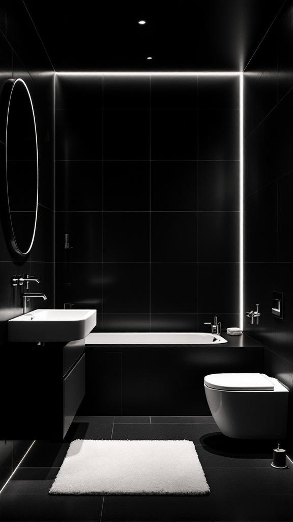 A dark bathroom featuring bright white accents like a rug and sink.