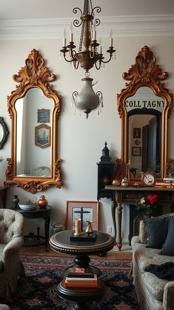 A living room featuring ornate mirrors, a chandelier, and cozy seating.