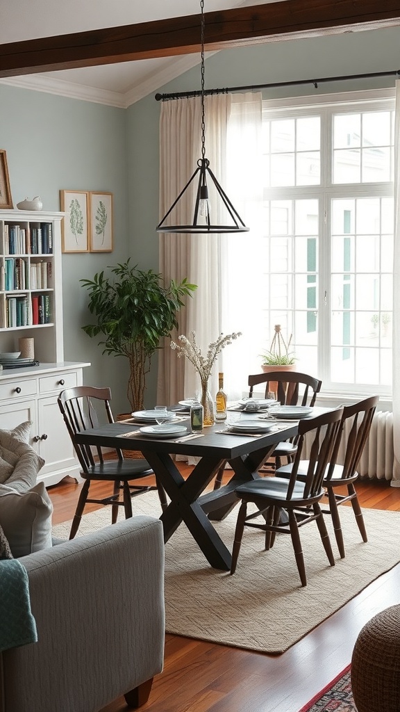Cozy dining area with a wooden table, chairs, and natural light.