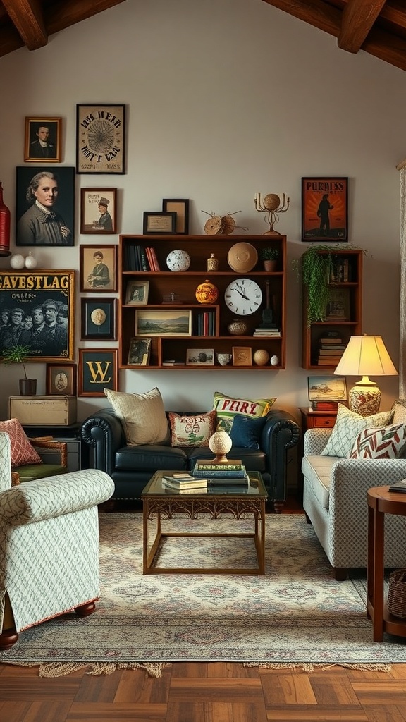 A cozy living room with vintage decor, including framed pictures, books, and a warm color palette.