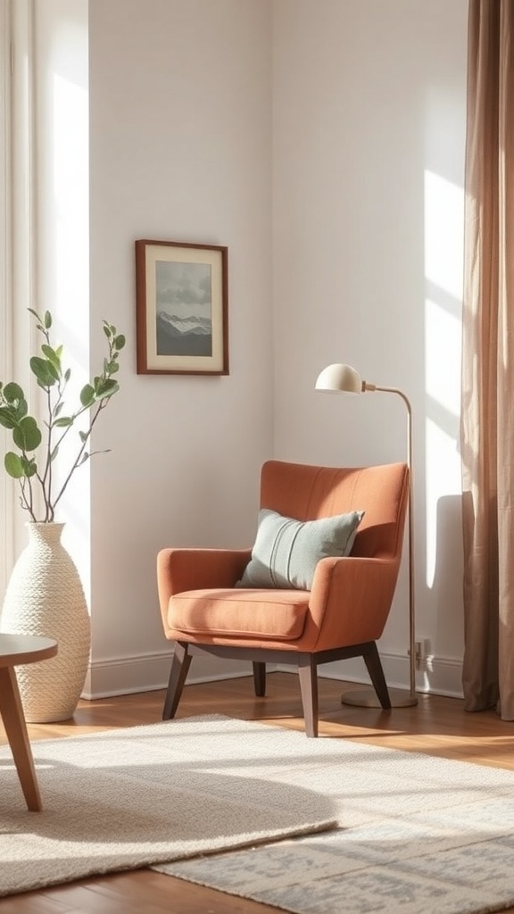 A cozy orange accent chair in a bright living room with a plant and lamp.
