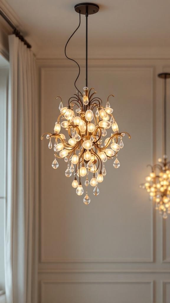 A stylish chandelier with warm lights and decorative elements hanging from the ceiling.