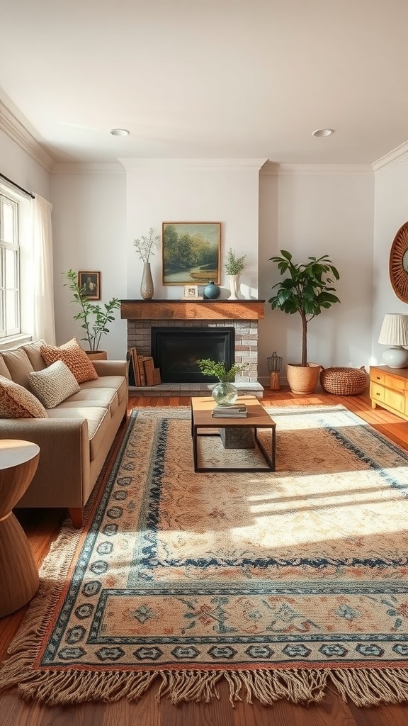 Cozy living room with layered rugs and warm decor.