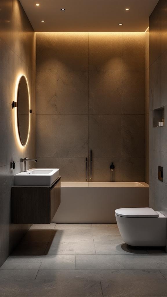 A modern bathroom featuring warm grey lighting, a sleek bathtub, and minimalist design.