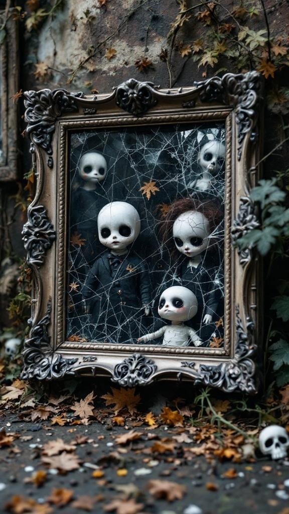 A spooky frame containing dolls with a web-like background, surrounded by fallen leaves.
