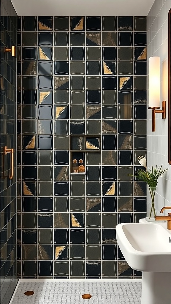A modern bathroom featuring bold statement tiles in dark colors with gold accents.